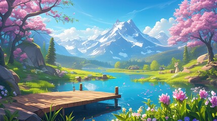 Capture the picturesque scene of pink blossoms enveloping a lakeside with a backdrop of majestic mountains This 2d cartoon illustration depicts a charming wooden pier extending over the tra - obrazy, fototapety, plakaty