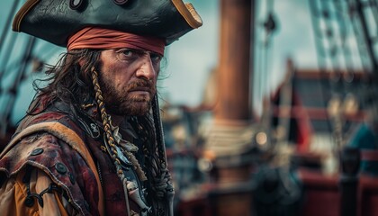Fototapeta premium Portrait of a pirate at sea. Adventurous and historical character concept