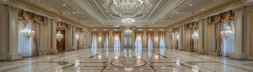 Luxurious ballroom interior with grand chandeliers. Elegant event venue and architecture design - obrazy, fototapety, plakaty