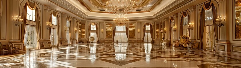 Luxurious ballroom interior with grand chandeliers. Elegant event venue and architecture design - obrazy, fototapety, plakaty