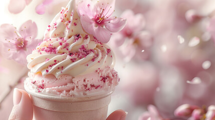 Hand holding ice cream cone with cherry blossoms, pink flowers bloom in background. spring and summer delight. 