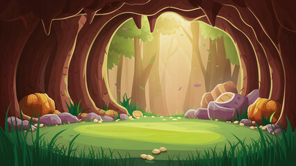 Illustration of a clearing in a cave. Summer forest.