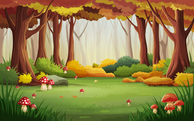 A clearing in the forest in early autumn. Fly agaric. Illustration.