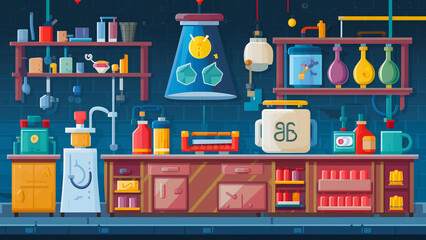 Background of a chemical laboratory. Illustration of drugs for research. Shelves with flasks.