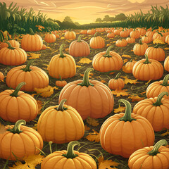 Lots of pumpkins in the field. Sunset on the background of pumpkins. Harvesting of the crop.