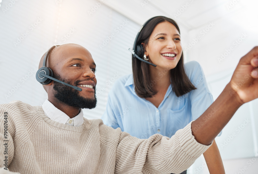 Poster training, leader or people consulting in call center for advice, talking or networking online in tel