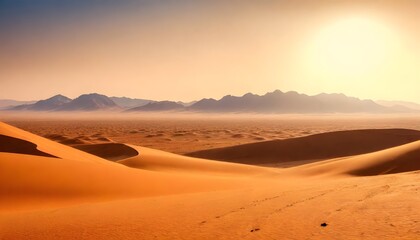 Fototapeta na wymiar Sahara-desert-at-sunrise--mountain-landscape-with-dust-on-skyline--hills-and-traces-of-the-off-road-car