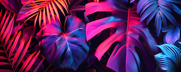 abstract psychedelic and surreal tropical jungle scenery, colorful neon wallpaper artwork with plants, palm leaves