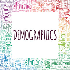 Demographics word cloud conceptual design isolated on white background.