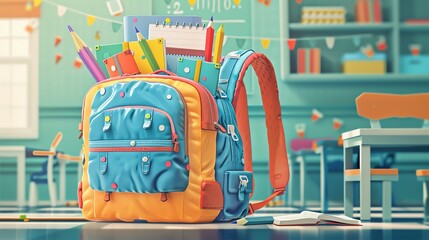 a backpack overflowing with school supplies: notebooks, colorful pencils, and a bright ruler, set against a classroom background