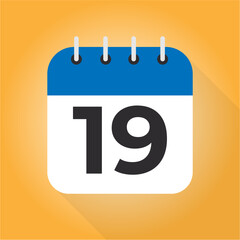 Calendar day 19. Number 19 on a white paper with blue border on orange background vector. 19th Day.