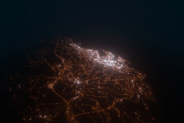 Aerial view on Monaco from west. Satellite view on modern city at night