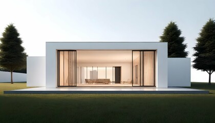 3D-rendering-illustration-of-modern-minimal-house-with-light-reflection-on-ground-with-white-background