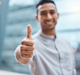 Man, business and thumbs up with hand for success or good job or news, thank you and agreement for...