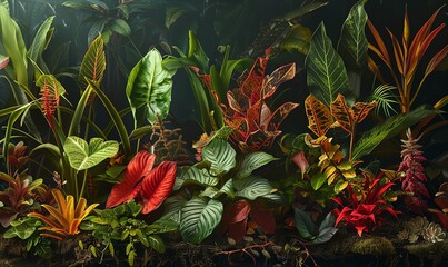 Illustrate a traditional art medium piece of a long shot view of a rare plant collection, emphasizing intricate details and textures with rich, deep shades in an oil painting style