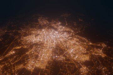 Aerial view on Amsterdam (Netherlands) from south. Top view on modern city at night from space
