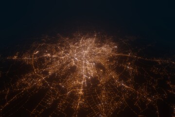 Aerial view on Bucharest (Romania) from west. Top view on modern city at night from space