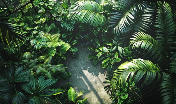 Illustrate a traditional oil painting capturing the intricate beauty of a high-angle view in an exquisite plant sanctuary, highlighting the interplay of light and shadow
