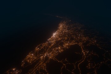Aerial view on Rijeka (Croatia) from east. Top view on modern city at night from space
