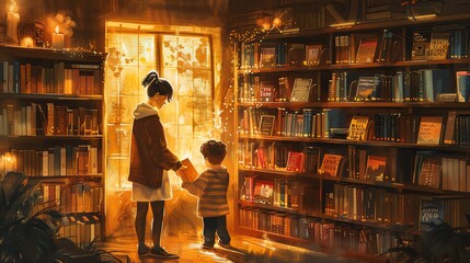 Warm and inviting drawing of a librarian helping a child select books from a shelf, in a cozy, well-lit library setting