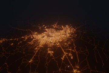 Aerial view on Jaipur (India) from west. Top view on modern city at night from space