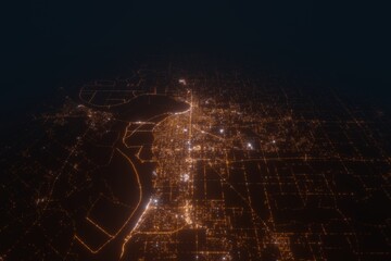 Aerial view on Evansville (USA) from east. Satellite view on modern city at night