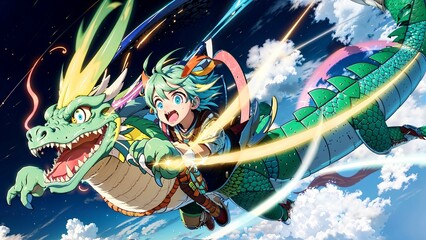 anime girl is flying on a dragon