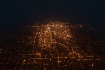 Aerial view on Davenport (USA) from east. Top view on modern city at night from space