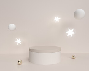 3D beige background with product podiums and star shape light.