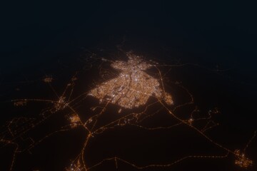 Aerial view on Kirkuk (Iraq) from south. Top view on modern city at night from satellite