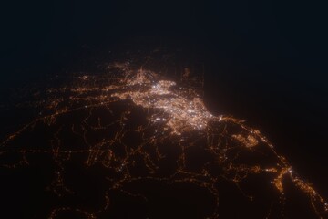Aerial view on Agadir (Morocco) from north. Satellite view on modern city at night
