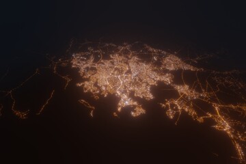Aerial view on Port Harcourt (Nigeria) from south. Satellite view on modern city at night