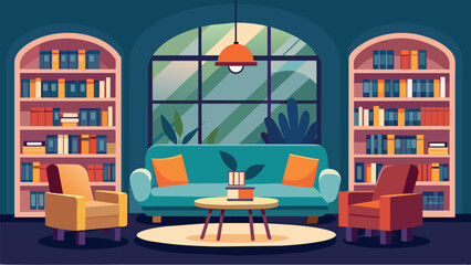 A cozy library with comfortable seating and reading nooks a welcoming space for book clubs and literary events. - obrazy, fototapety, plakaty