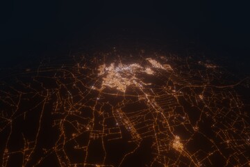 Aerial view on Meknes (Morocco) from south. Top view on modern city at night from satellite