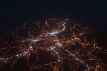 Aerial view on Andorra La Vella (Andorra) from north. Top view on modern city at night from space - obrazy, fototapety, plakaty