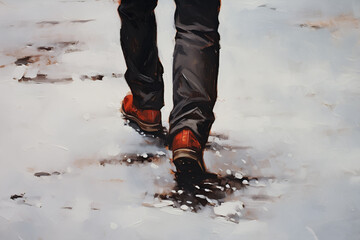 Winter walks in boots. Step by step to the dream. 