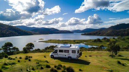 Serene lakeside view with a parked RV, surrounded by lush nature. Ideal for travel and adventure themes. Scenic outdoor getaway location image. AI