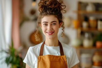 A smiling woman hostess in an orange apron with in apartments.