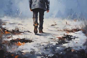 Winter walks in boots. Step by step to the dream. 