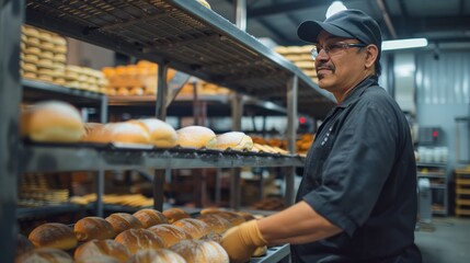 Latin American baker moving a rack of bread trays at an industrial bakery
