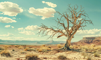 A dead tree, alone, in a barren landscape. The sun is scorching The ground is cracked and dry. global warming concept - obrazy, fototapety, plakaty