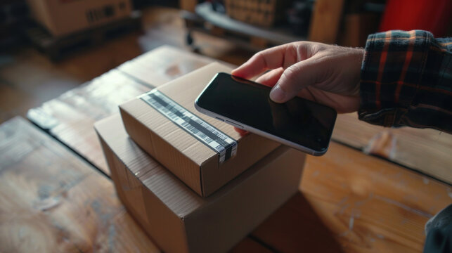 Preparing a small cardboard box for posting using a smartphone to scan a barcode on a parce