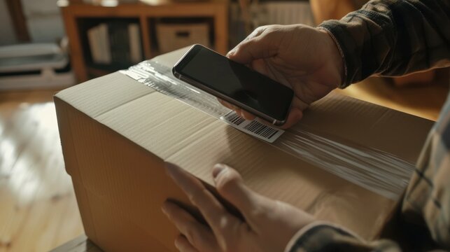 Preparing a small cardboard box for posting using a smartphone to scan a barcode on a parce