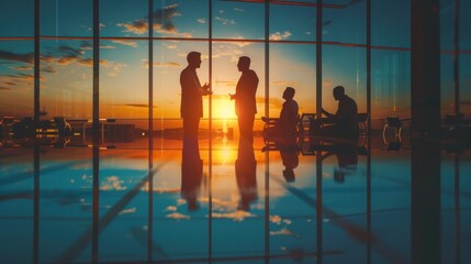 Reflections of businessmen at sunset talking on a table