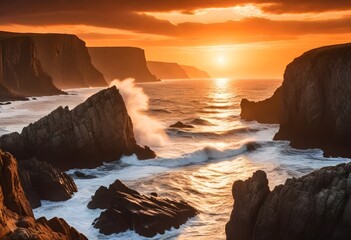 Fototapeta na wymiar Dramatic Ocean Sunset with Crashing Waves on Rocks
