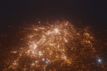 Aerial view on Cincinnati (USA) from north. Top view on modern city at night from space