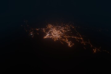 Aerial view on Port Moresby (Papua New Guinea) from south. Satellite view on modern city at night