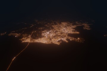 Aerial view on Dammam (Saudi Arabia) from east. Top view on modern city at night from satellite