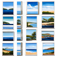 A series of small canvas paintings of coastal scenes Transparent Background Images 