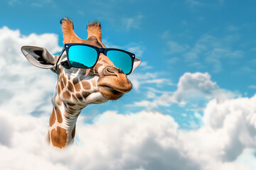 The head of a cheerful giraffe wearing sunglasses peeks out of the clouds against a blue sky. Copy space. - 790079475